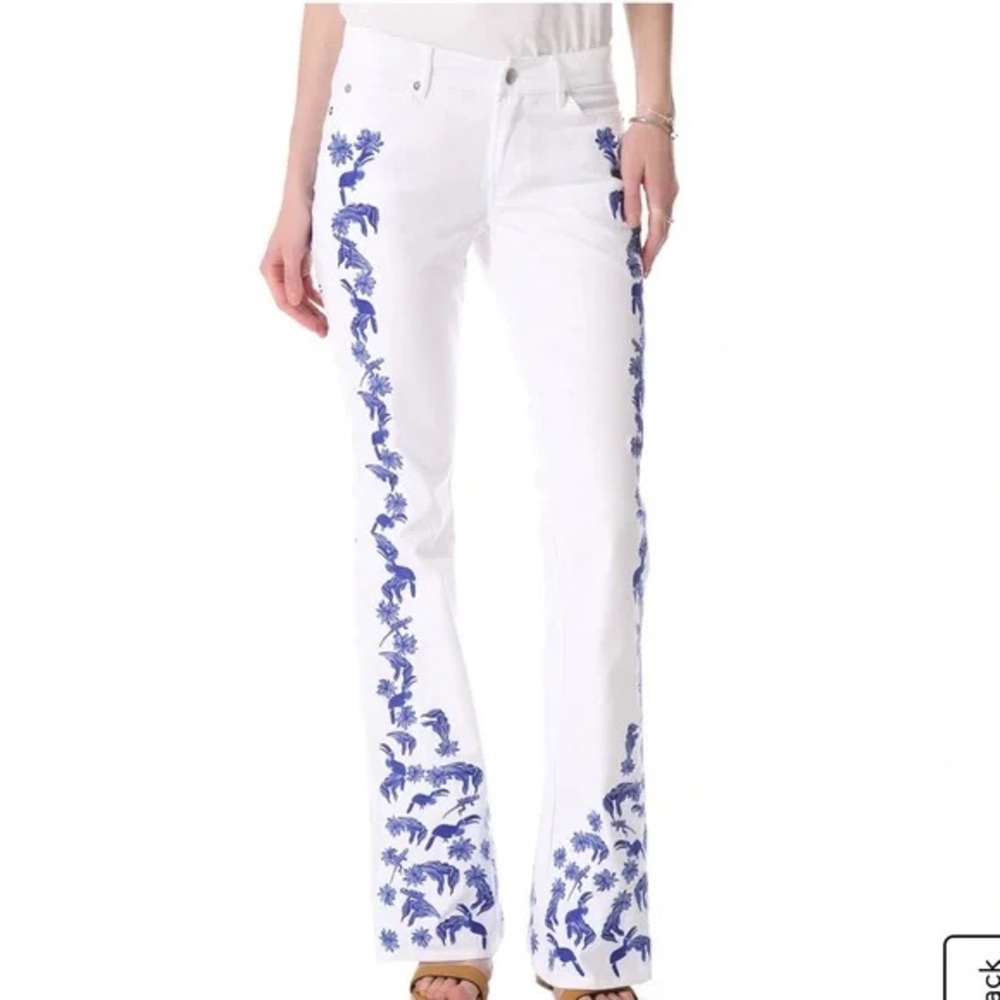 Rebecca Minkoff embroidered flare white jeans.